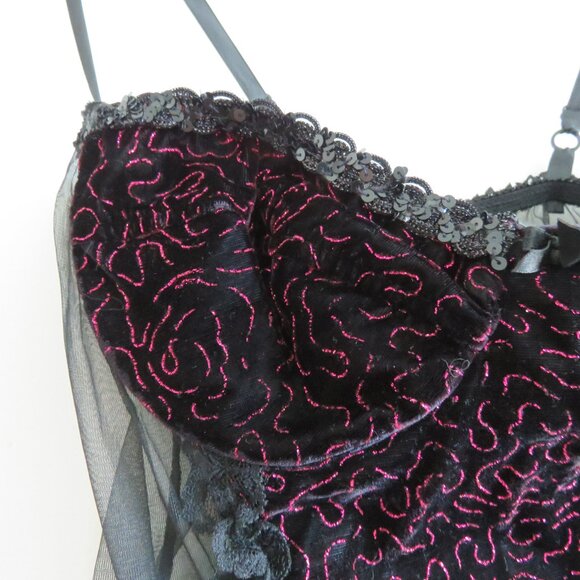 VINTAGE EMIL BOLE Lace Ruffle Black Mesh Velvet Metallic Bodysuit Teddy Goth - Picture 4 of 14